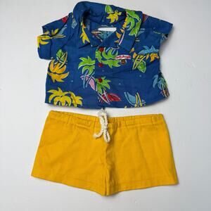 Vintage Teddy Ruxpin tropical shirt and yellow shorts